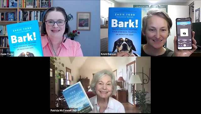 Zazie Todd holds up a copy of Bark!, Kristi Benson holds up Bark! and The Education of Will, and Patricia McConnell holds up The Education of Will as they chat online at Bark! Fest in September 2024