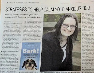 A photo of part of the article of Zazie Todd in the Vancouver Sun, including a photo of Zazie and the cover of her book Bark!